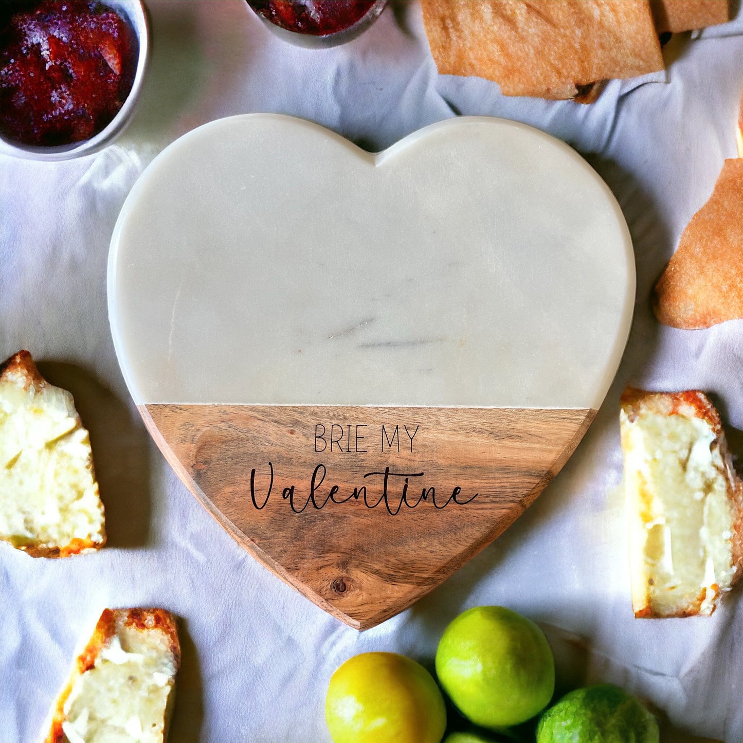 Brie My Valentine marble and wood cheese board