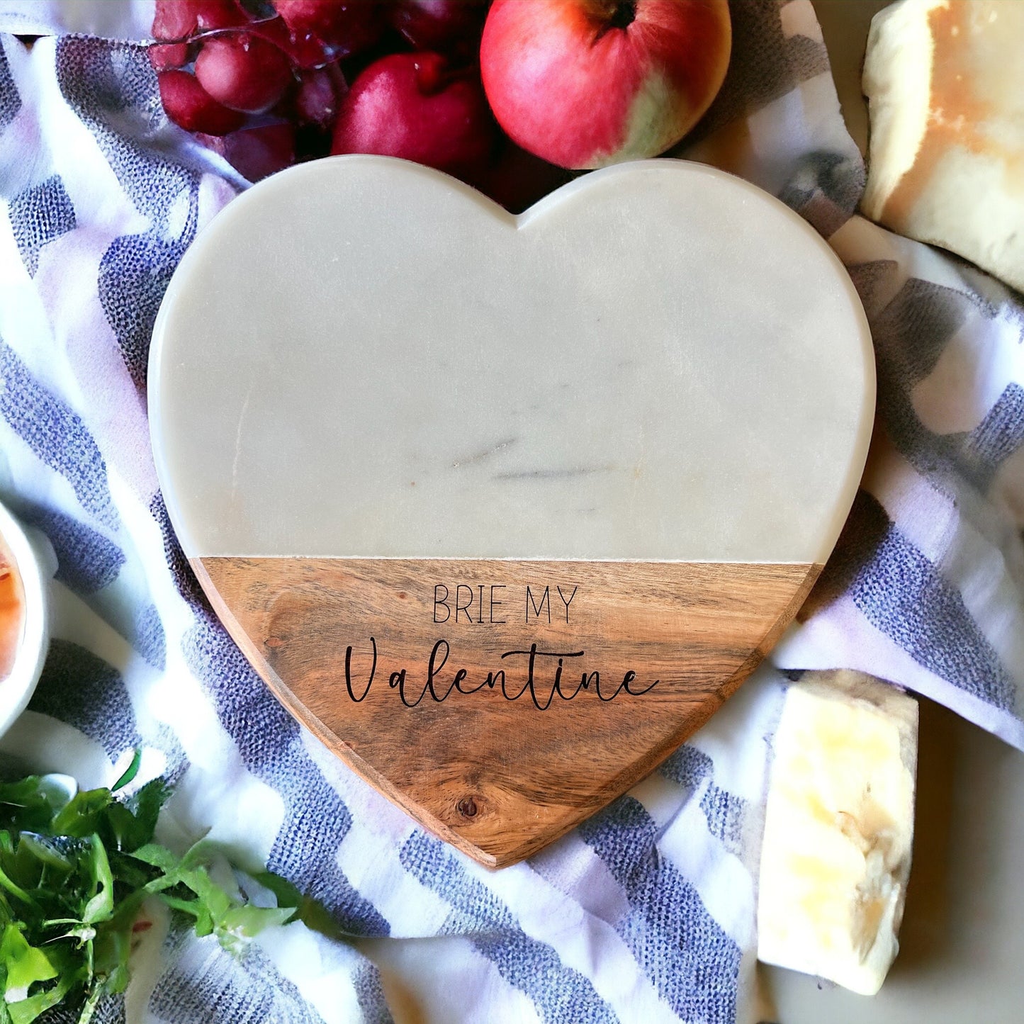 Brie My Valentine marble and wood cheese board